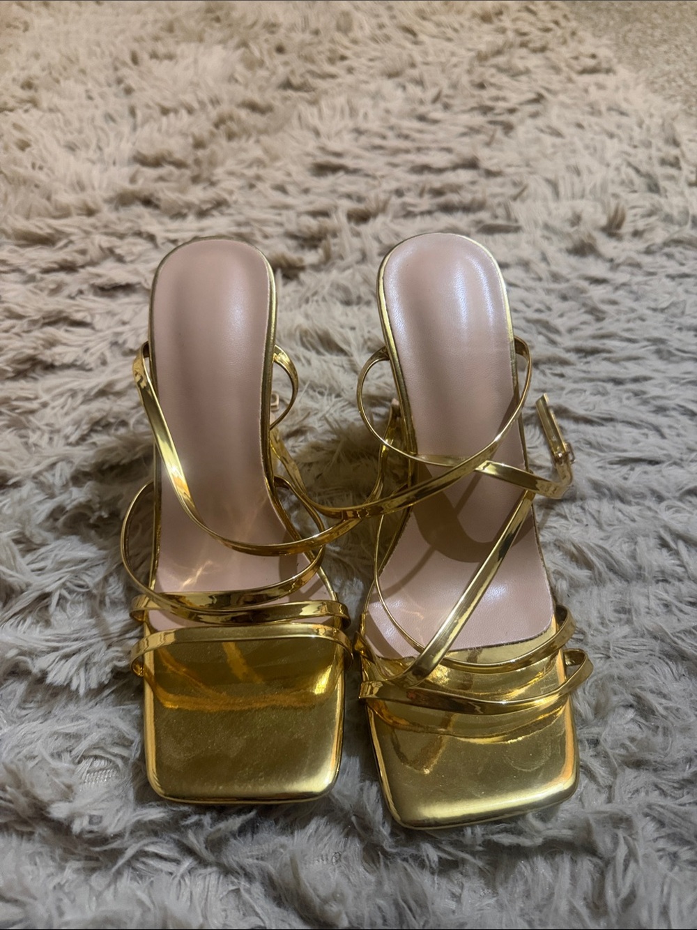Metallic Gold Strappy Square-Toe Heeled Sandals